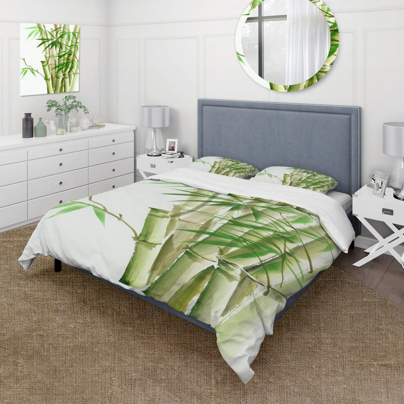 Détail de bambou vert foncé II - ensemble de housse de couette traditionnel - microfibre de polyester
