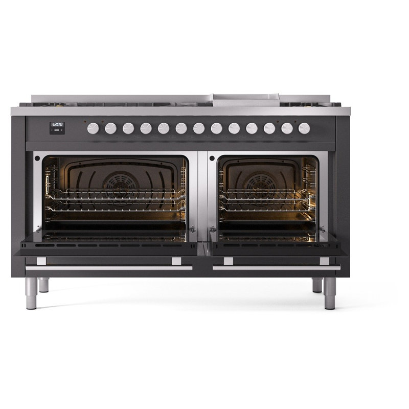 ILVE Professional Plus II 60 Dual Fuel Range, 9 Sealed Burners, Griddle (Graphite Matte), Graphite Matte, Natural Gas