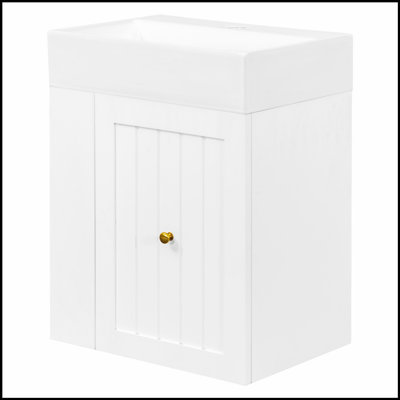 Meuble-lavabo de 20 pouces avec lavabo en céramique, armoire de rangement en panneau de fibres à densité moyenne, tiroir, tablette latérale et poignée dorée pour les petites salles de bain