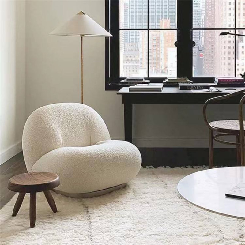 Modern Puffseat Lounge Chair with Swivel Base and Bouclé Upholstery