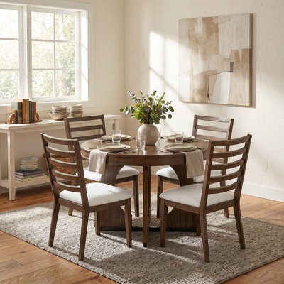 5-Piece Round Dining Table Set with 4 Upholstered Chairs, 58" Extendable Dining Table Set with 16" Removable Middle Leaf, Walnut Solid Wood Frame Retr