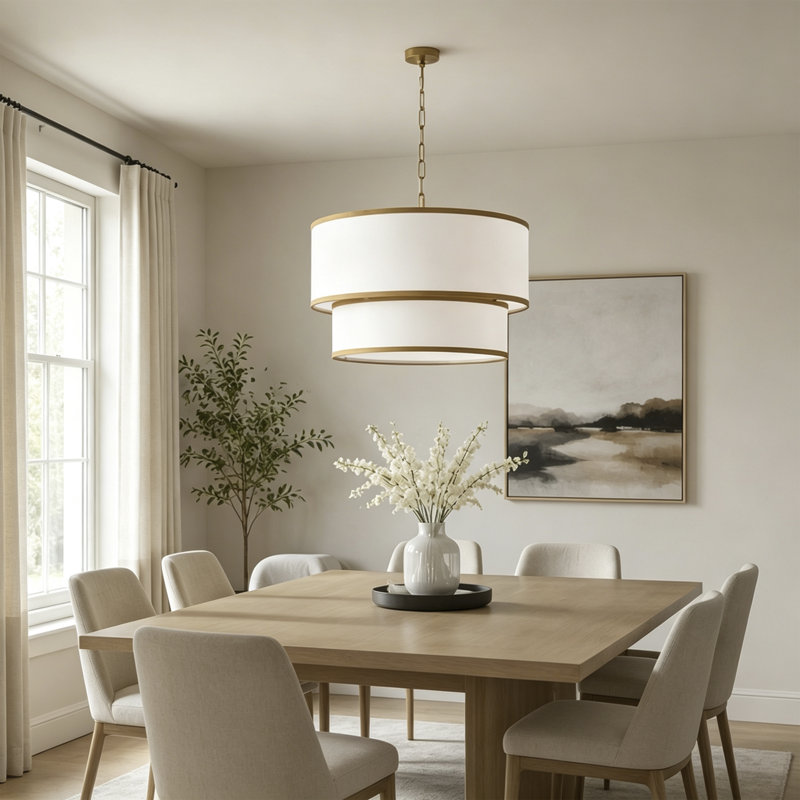 Agathon 5-light White Fabric Drum Chandelier, Gold