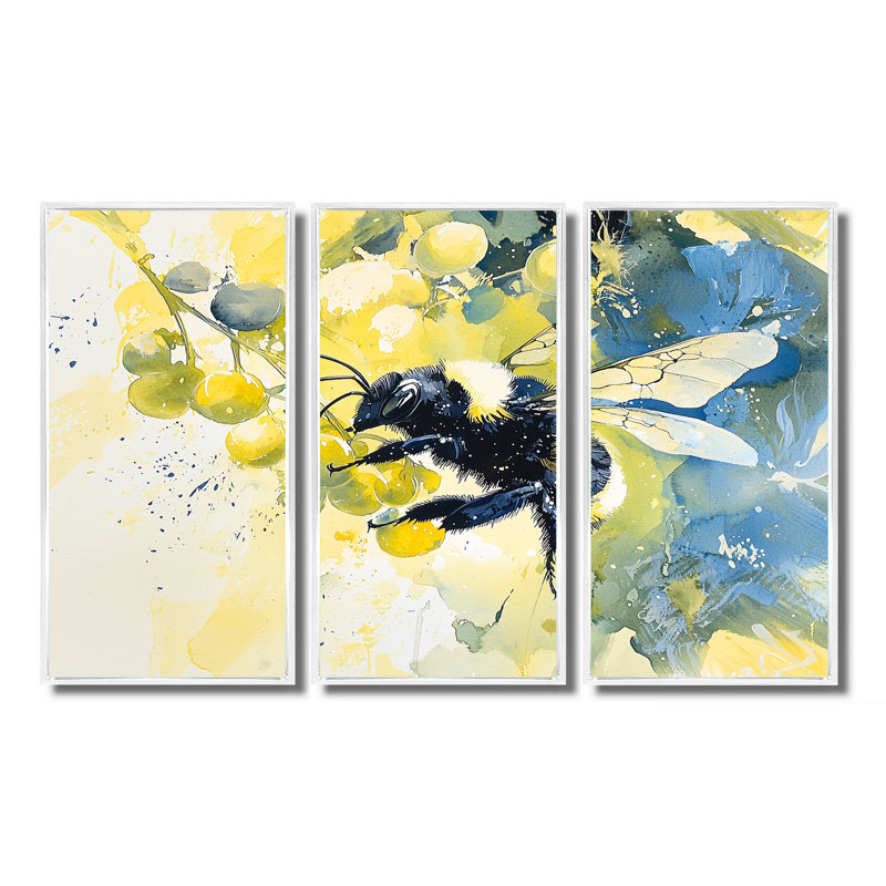 Busy Wings Bee Watercolor - ensemble d'art mural abeille, 28" H x 36" W, Reproduction avec cadre flottant, Blanc