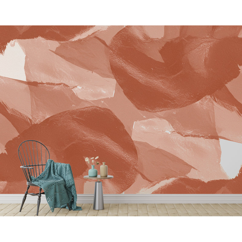 Papier peint moderne à coups de pinceau abstraits - monochrome avec accent terre cuite | Texture peinte, peinture murale minimaliste (pelez et collez) 