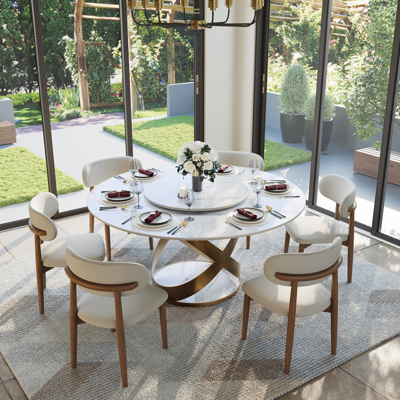  Table de salle à manger ronde moderne, plateau de table en pierre frittée avec plateau tournant, base en acier au carbone pré-assemblée