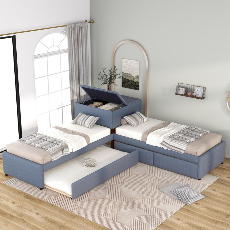 Lits plateforme doubles tapissiers en L avec lit gigogne, Gris