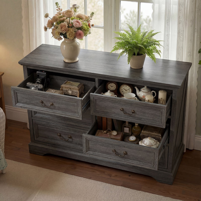 6-Drawer Accent Chest With Anti-Tip & Bronze Pulls, Gray wood Grain