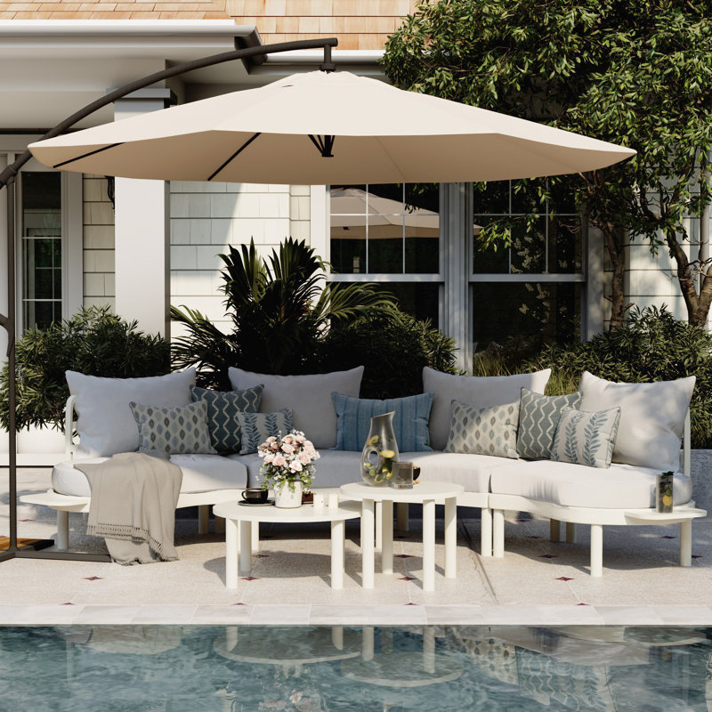 Patio Curved Conversation Set with End Table, Beige Cushion/Light Gray Frame