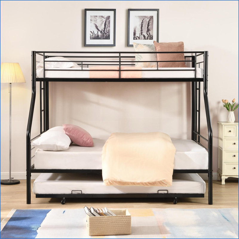 Lit superposé simple au-dessus d'un lit double en métal avec lit gigogne - aucun sommier nécessaire, facile à assembler pour les chambres peu encombrantes