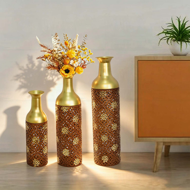 Ensemble de 3 vases décoratifs en métal, motif de feuilles brunes rustiques pour la maison et le salon