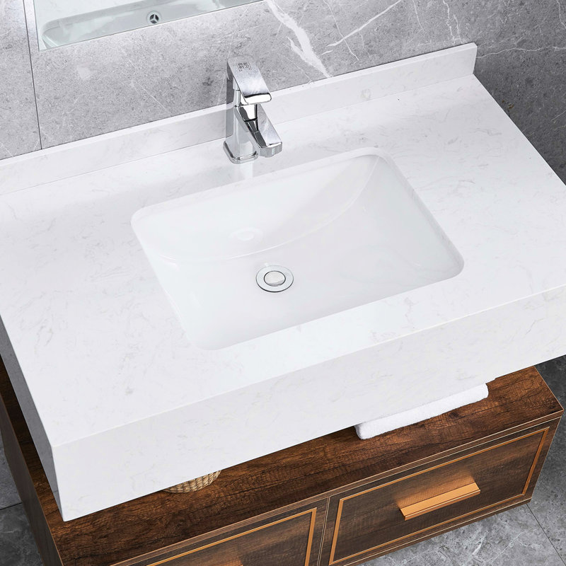 White Ceramic Bathroom Sink - Rectangular, Overflow, Sound Absorbing, Heat , Stain & Scratch Rust-, No Faucet Holes Required Rectangular Basin White, Emerged