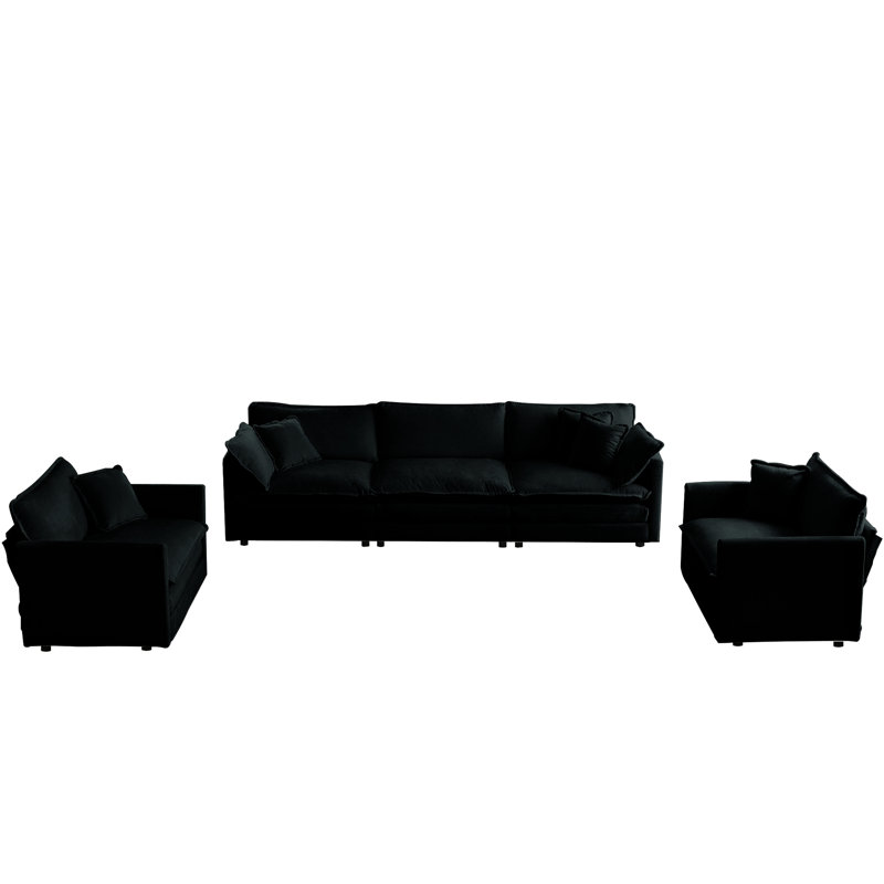 3 pièces - 1 + 1 + 3 sièges, tissu chenille, structure en bois massif, base de siège noire pour zone de détente dans la chambre à coucher, revêtement respirant, tout espace confortable