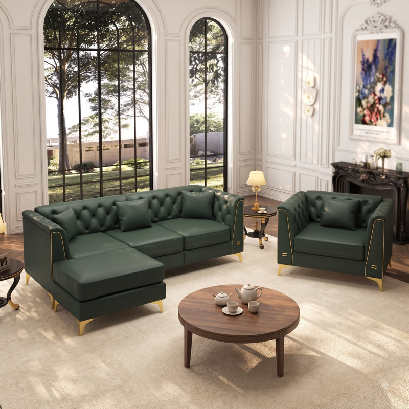 Canapé Chesterfield modulaire en similicuir vert avec pieds en métal et 5 coussins, Green- 3 + 2 Seat + 1 ottoman