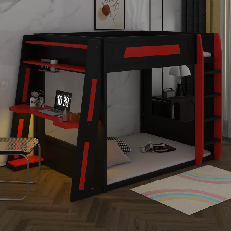 Lit superposé double en bois pleine grandeur avec bureau, deux tablettes de rangement, lumière USB et DEL, lit mezzanine robuste pour les joueurs et les petits espaces