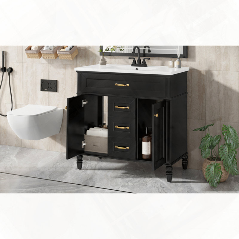 Meuble-lavabo autoportant avec tiroir escamotable et portes à fermeture en douceur, Noir