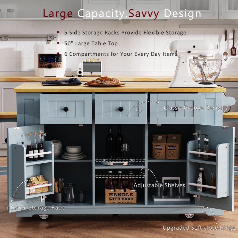 53" Kitchen Island Cart With Power Outlet, Drop Leaf, 2 Stools, 3 Drawers, Door Racks, 5 Wheels, Storage,Grey Blue, Blue