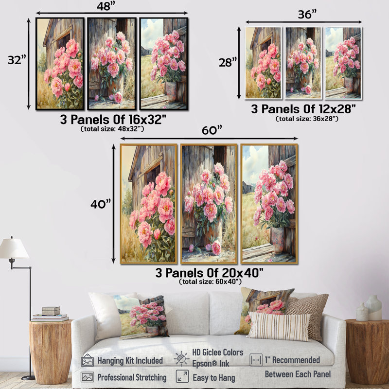 Pivoines dans la brise de basse-cour I - Collection d'art mural traditionnel, H 32 po x l 48 po, Argent argent