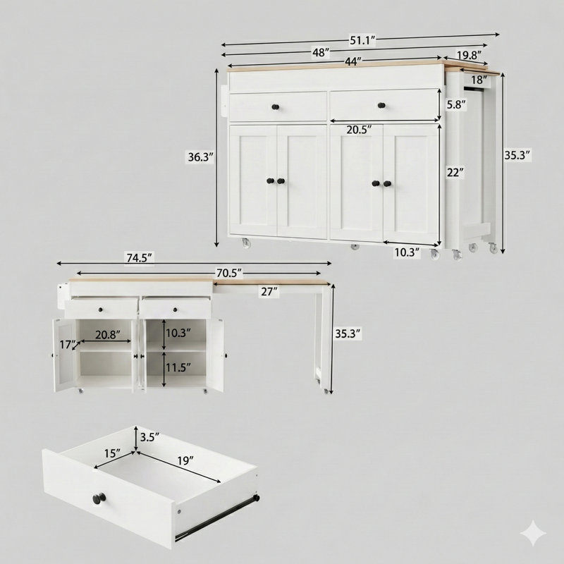 74.5-Inch Kitchen Island with Pull-Out Dining Table, Rolling Kitchen Cart on Wheels, Includes Spice Rack, 2 Drawers, and 4-Door Base Cabinet – Suitable for Kitchen and Dining Room, White Finish (Single Package)