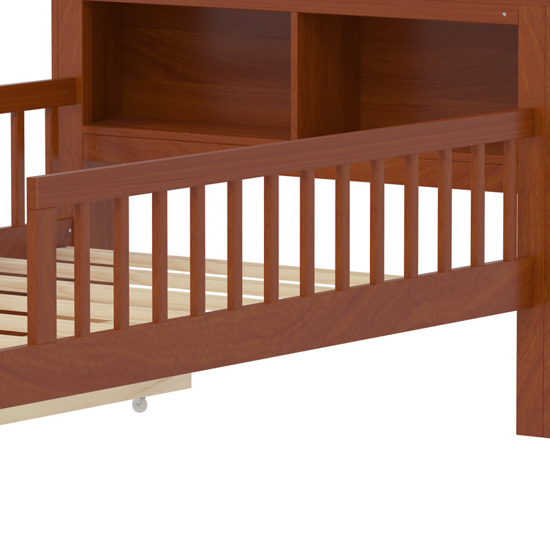 Lit simple avec support de tête de lit, deux tiroirs sous le lit, garde-corps à trois côtés pour la sûreté et la sécurité, noyer