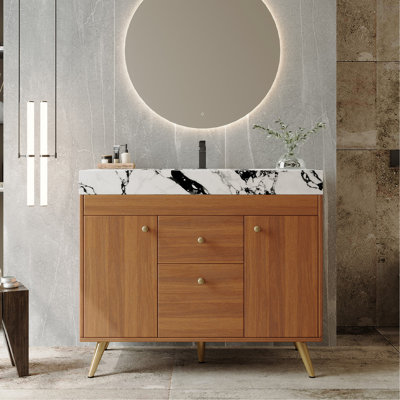 Meuble-lavabo autoportant moderne de 36 po avec plateau en pierre frittée, lavabo en céramique et rangement intelligent
