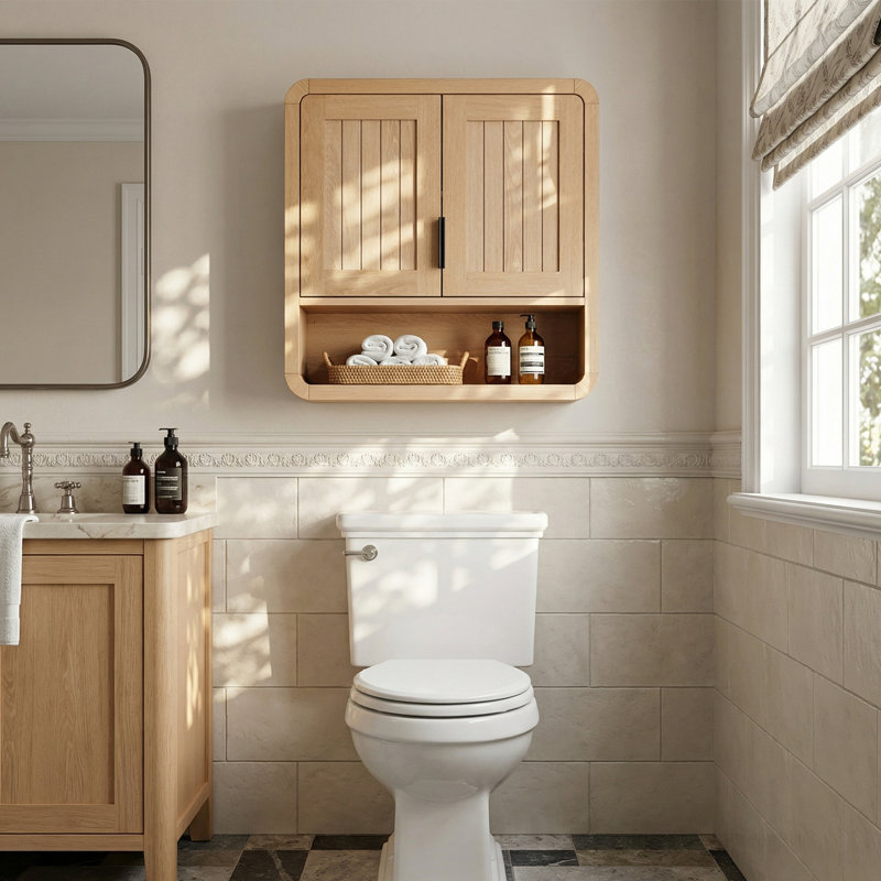 Japandi Bathroom Wall Cabinet Over Toilet, Natural Wood Hanging Storage with Curved Edges, Soft-Close Doors & Open Shelf, Modern Medicine Cabinet Organizer