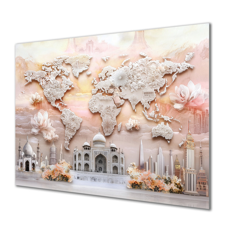 World Map With Landmarks I - Modern Metal Decor, World Map Metal Print, 24" H x 32" W