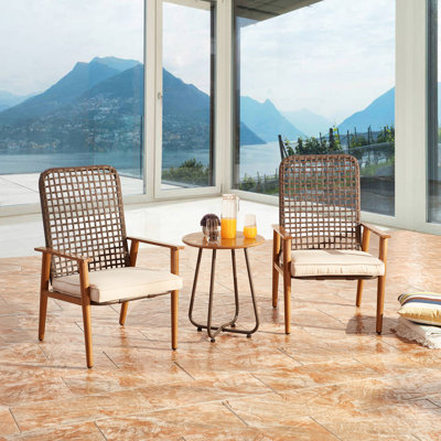3-Piece Outdoor Patio Conversation Set – Woven Back Chairs With Wood Armrests & Round Metal Side Table