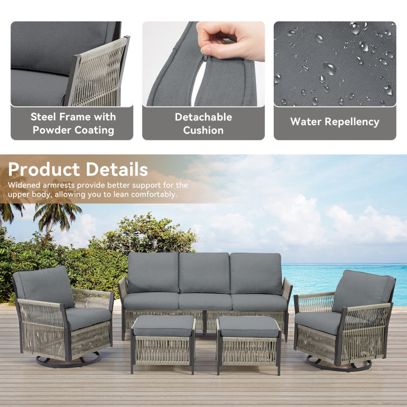 Canapé d'extérieur 73,6 ", canapé en rotin 3 places avec coussins gris, idéal pour le balcon ou le porche
