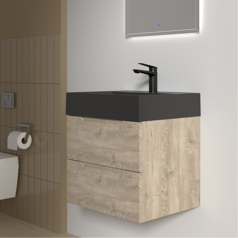 Meuble-lavabo mural simple 24 po avec plateau en pierre noire et 2 tiroirs modernes pour petite salle de bain, 24", Noir