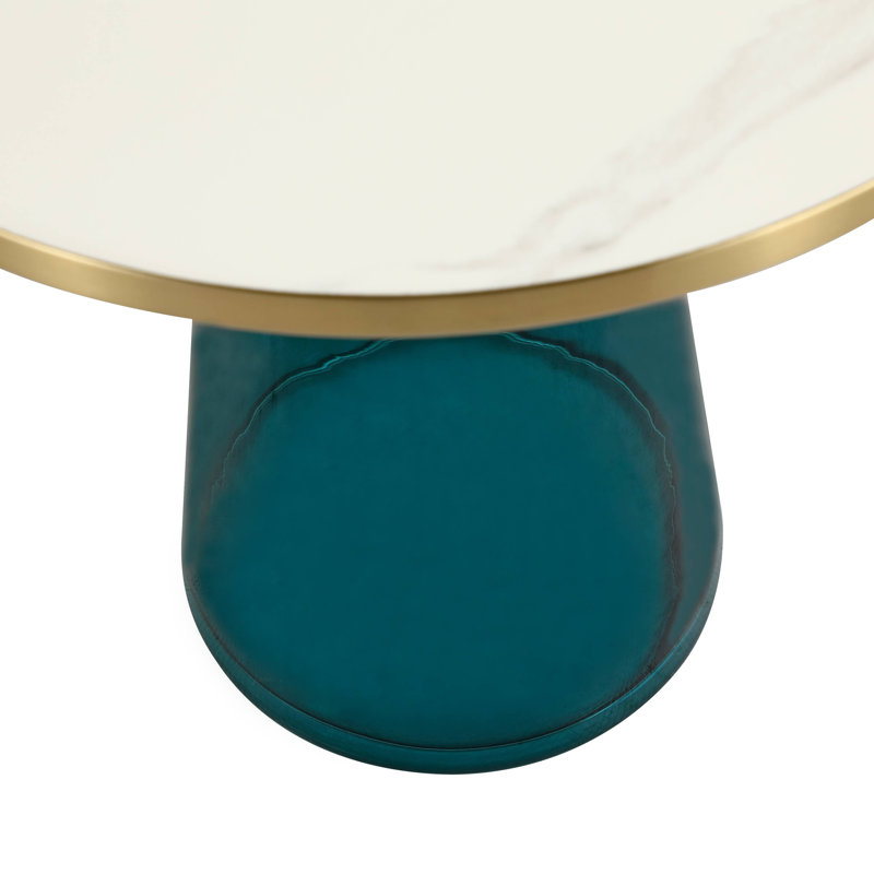 19" Round Side End Table Glass/Sintered Stone Top With Brushed Gold Rim And Tempered Glass Base, Blue, White Stone