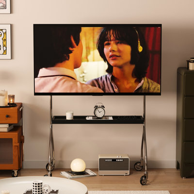 Meuble télé pour téléviseur de 43 à 70 po, meuble de plancher mobile noir antique, rouleau rotatif à 360 degrés, pieds en acier inoxydable, armoire multi-usage de style américain 60 69, métal et frêne brun