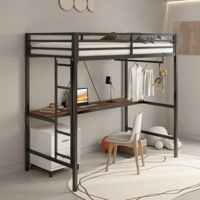 Adam Sturdy Twin Loft Bed Black With Cinnamon Wood Desk And Closet Rod For Adult And Kids, Loft Bed With Easy Climbing Ladder And Guardrails, Loft Bed Frame For Bedroom, Space Saving