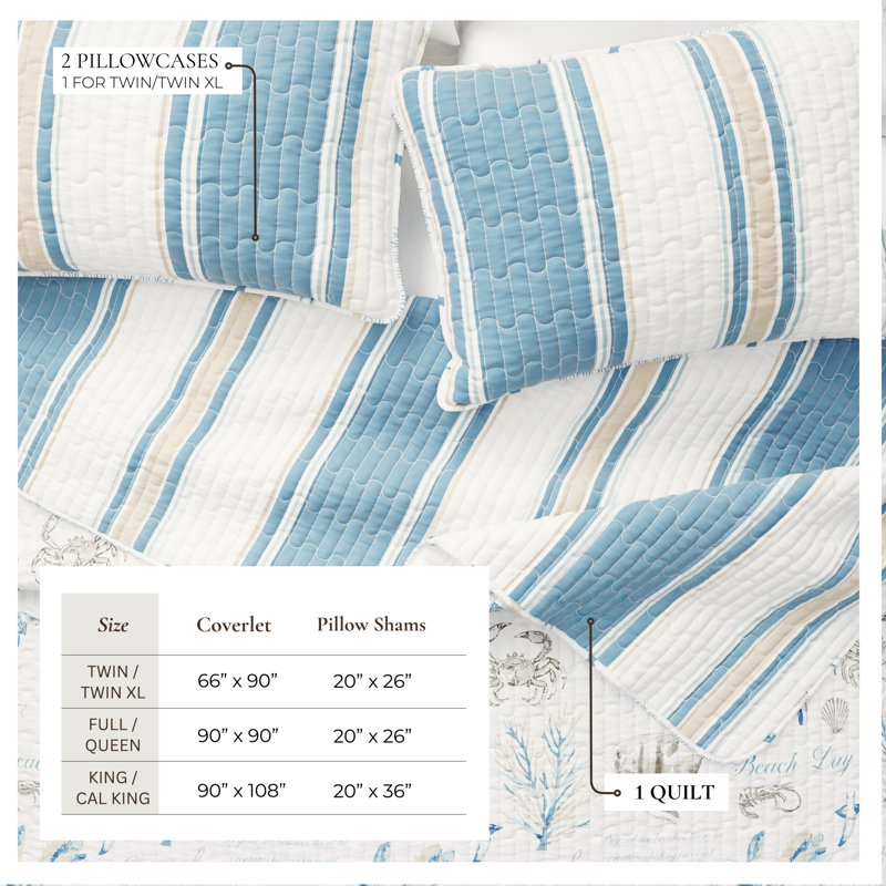 Ensemble de courtepointe réversible bleu / taupe, Courtepointe très grand et 2 très grandes taies 
