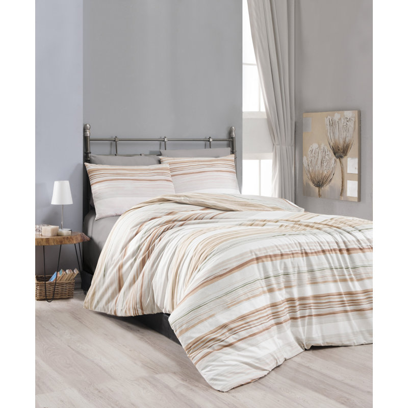 Ensemble de housse de couette de luxe double, 100% coton Ranforce, crème et gris / brun, 78,7 po x 78,7 po | Housse de couette et enveloppe à 142 fils, fermeture à boutons 142 fils (2) | Doux, durable, lavable à la machine à 86 ° F