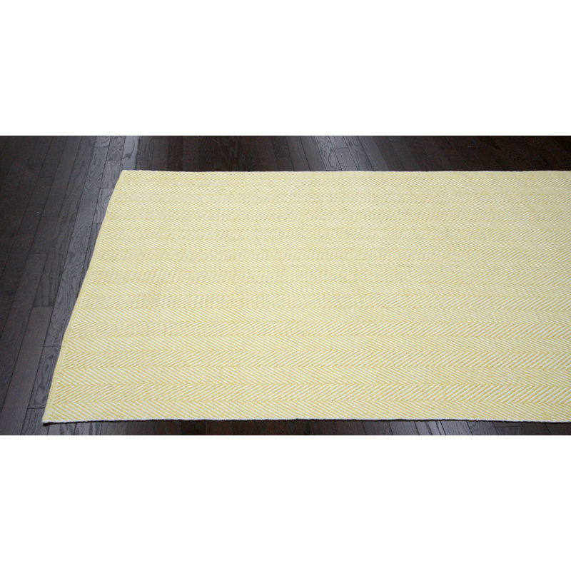 Tapis jaune / blanc en coton tissé à la main Jaswinder, Rectangle 8 pi x 10 pi