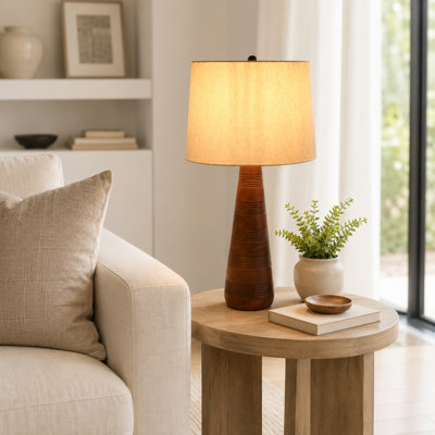 Lampe de table conique en bois et métal pour l'éclairage de chevet de la chambre - Petite lampe d'appoint rustique avec base texturée pour la décoration du salon - 74 cm, marron