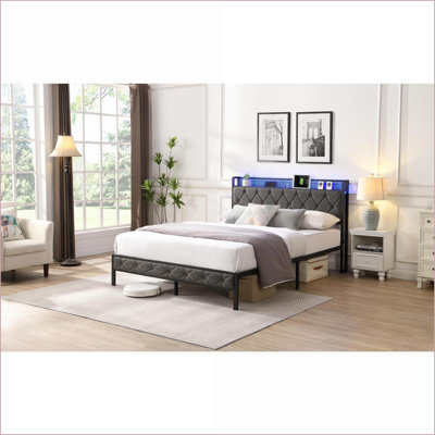 Hockensmith Size Metal Platform Bed Frame with RGB LED Headboard, Storage &amp; Charging Station, No Box Spring Needed, Dark Gray for Modern Bedrooms