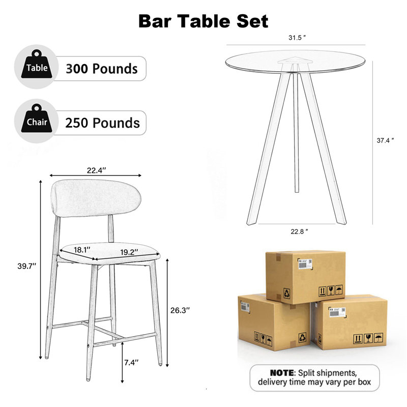 Ensemble de bar moderne noir, table en verre de 31,5 po et tabourets de comptoir rembourrés pour îlot de cuisine