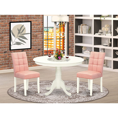 L'ensemble de table de salle à manger 3 pièces comprend une table en bois et 2 chaises de salle à manger en tissu de polyester rouge beige avec dossier élégant - finition lin blanc