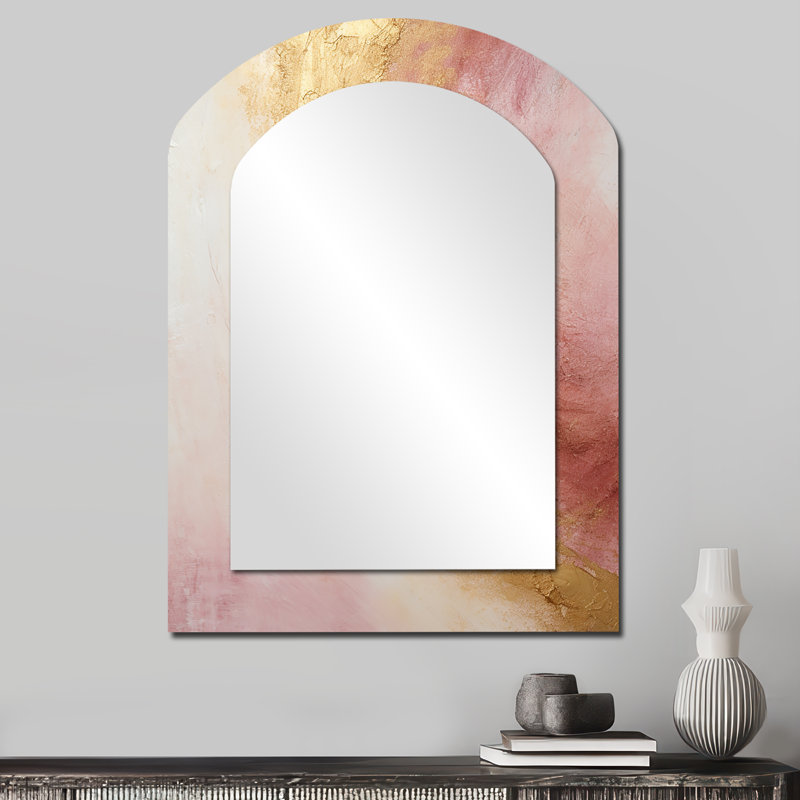 Or rose, désert, mirage en spirale I - grand miroir mural asymétrique spirales abstraites, miroir décoratif arqué doré, impression sur métal