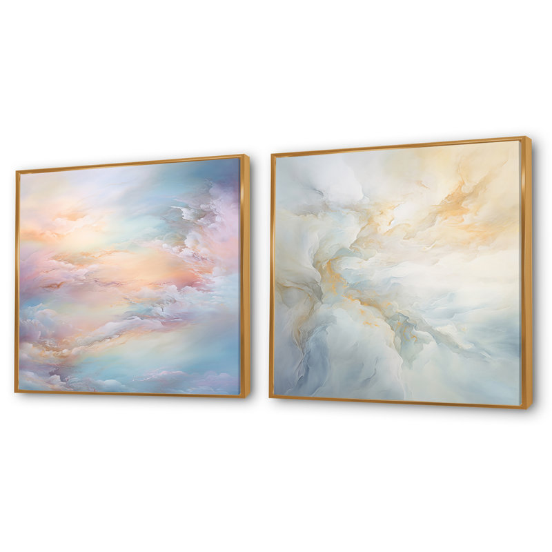 «Clouds Charm», ensemble de 2 collages carrés, H 16 po x l 33 po, Cadre flottant doré