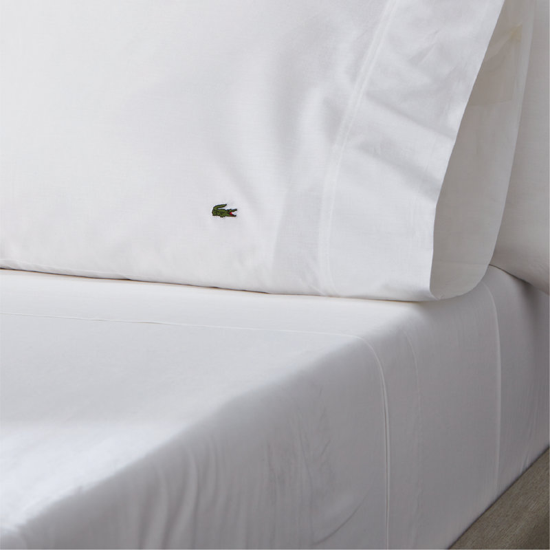 Lacoste Center Line Cotton Percale Sheet Set, Lightweight and Breathable Crisp Feel with Embroidered Crocodile, Light Grey, Full