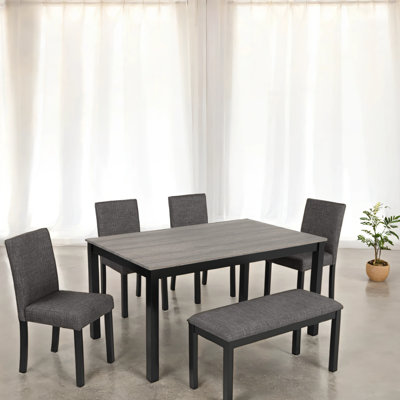 6-Piece Dining Table Set with Bench and Chairs, Dining Table Set for 6 with Bench, Wooden Dining Table Set for Kitchen, Dining Room, Light Grey & Blac