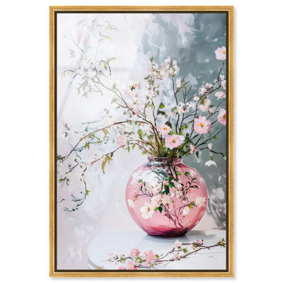 Vase en verre rose I encadré, décoration murale en verre acrylique à haute brillance par Art Remedy, cadre doré, 20 x 30