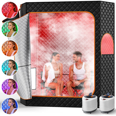 2 Person Extra Large Sauna Tent with RGB Mood Light, Portable Steam Sauna Box with 2 Steamers, 2 Folding Chair, Timer Remote Control, 69"W x 32.5"D x 74"H, 7-color RGB Mood Light