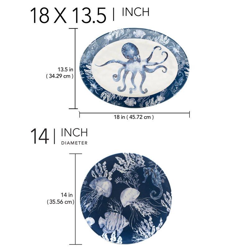 Sea Life Blue and White Melamine Round and Oval Platter Set