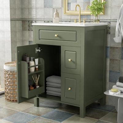24-Inch Yarenis Vanity With Ceramic Sink, 1 Soft Close Door, 2 Soft Close Drawers, And Double Storage Racks On The Door