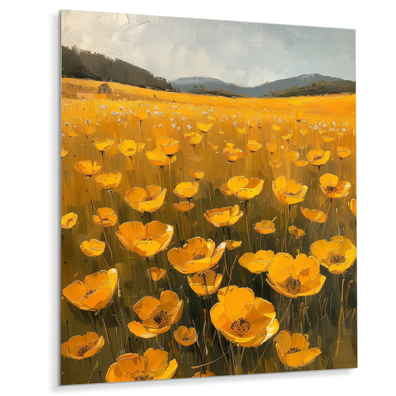 Jaune, vert, bouton d'or, soleil, pré, V - Buttercups, art mural, salon, Métal métal, H 44 po x l 34 po x P 1,5 po