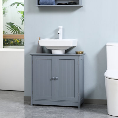 Meuble-lavabo gris sous le lavabo. Unité de rangement à 2 portes et 2 tablettes. Économisez de l'espace. Tablette réglable. , Capacité de 33 lb. 23,5 po x 11,63 po pour le rangement. Style peu encombrant. À l'intérieur. Matériau solide.