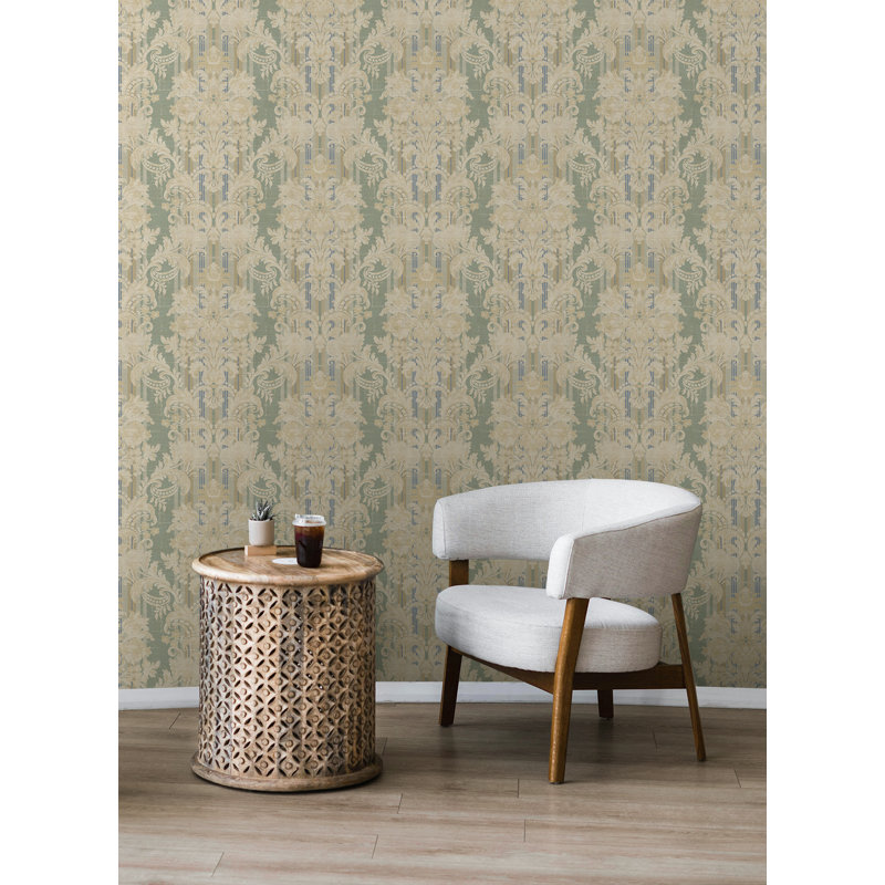 Papier peint rayé damassé Seabrook Designs, Bleu cendré / brun clair